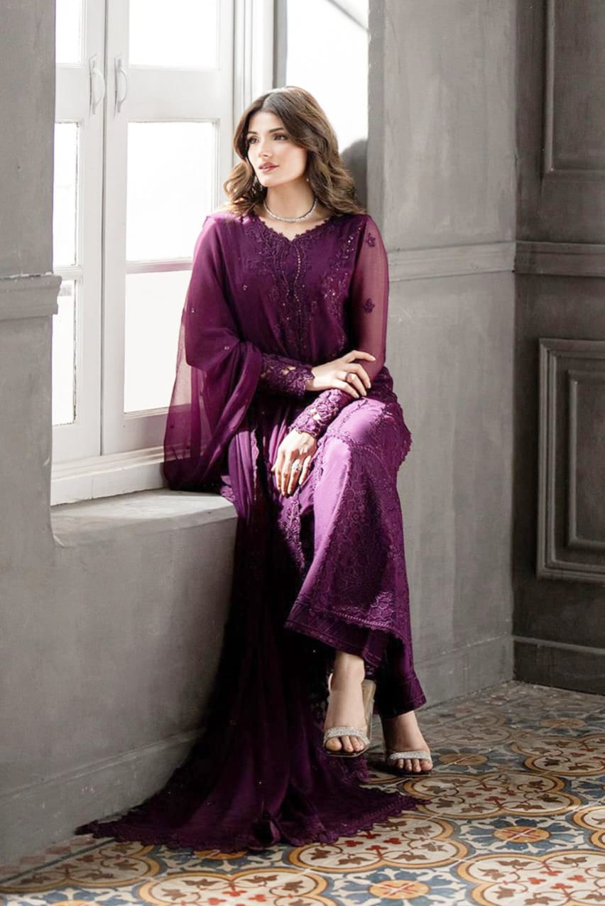 AZURE chiffion embroidered sequence unstitced 3pc✓