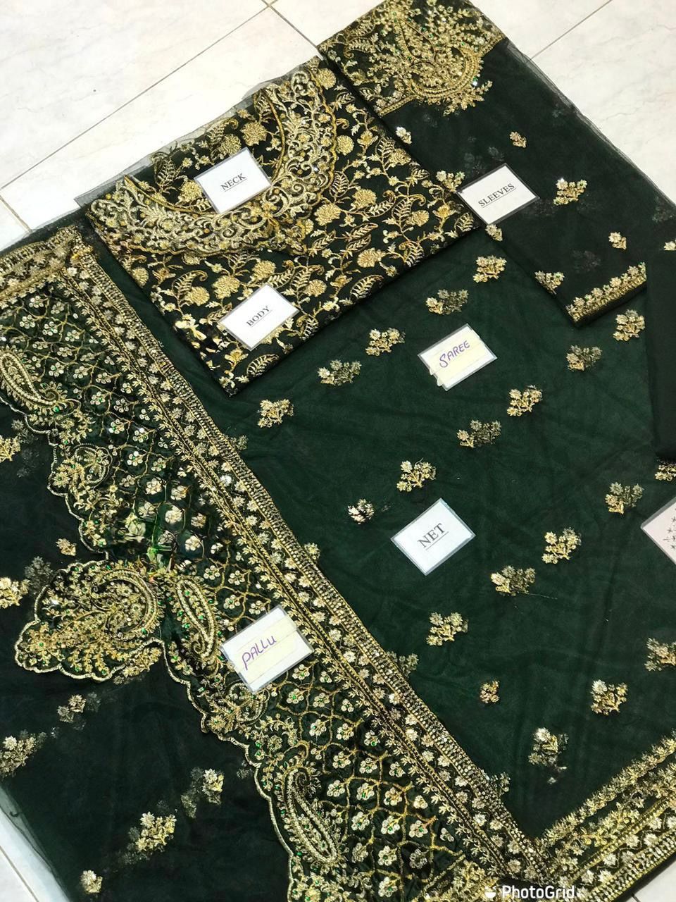 MARIA.B Saree Net Embroidered Hand Embellished Luxury Unstitched 3pc®✓