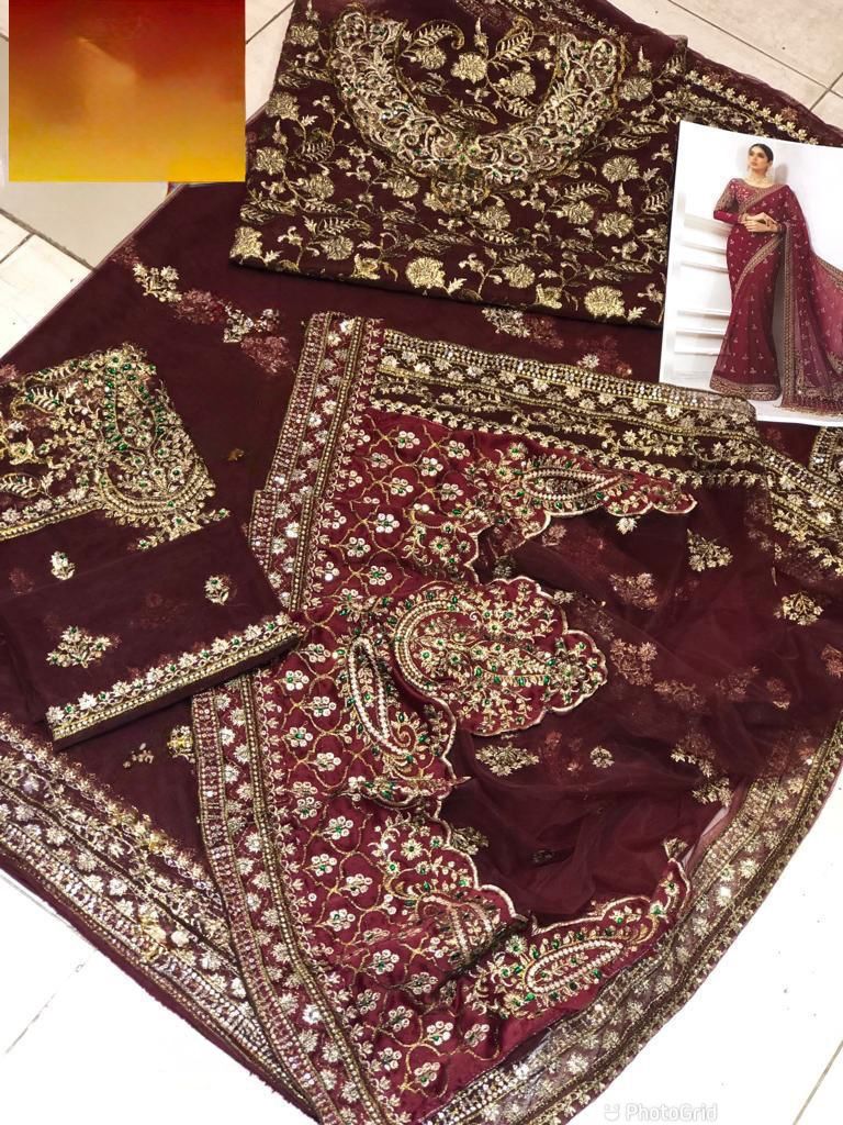 MARIA.B Saree Net Embroidered Hand Embellished Luxury Unstitched 3pc®✓