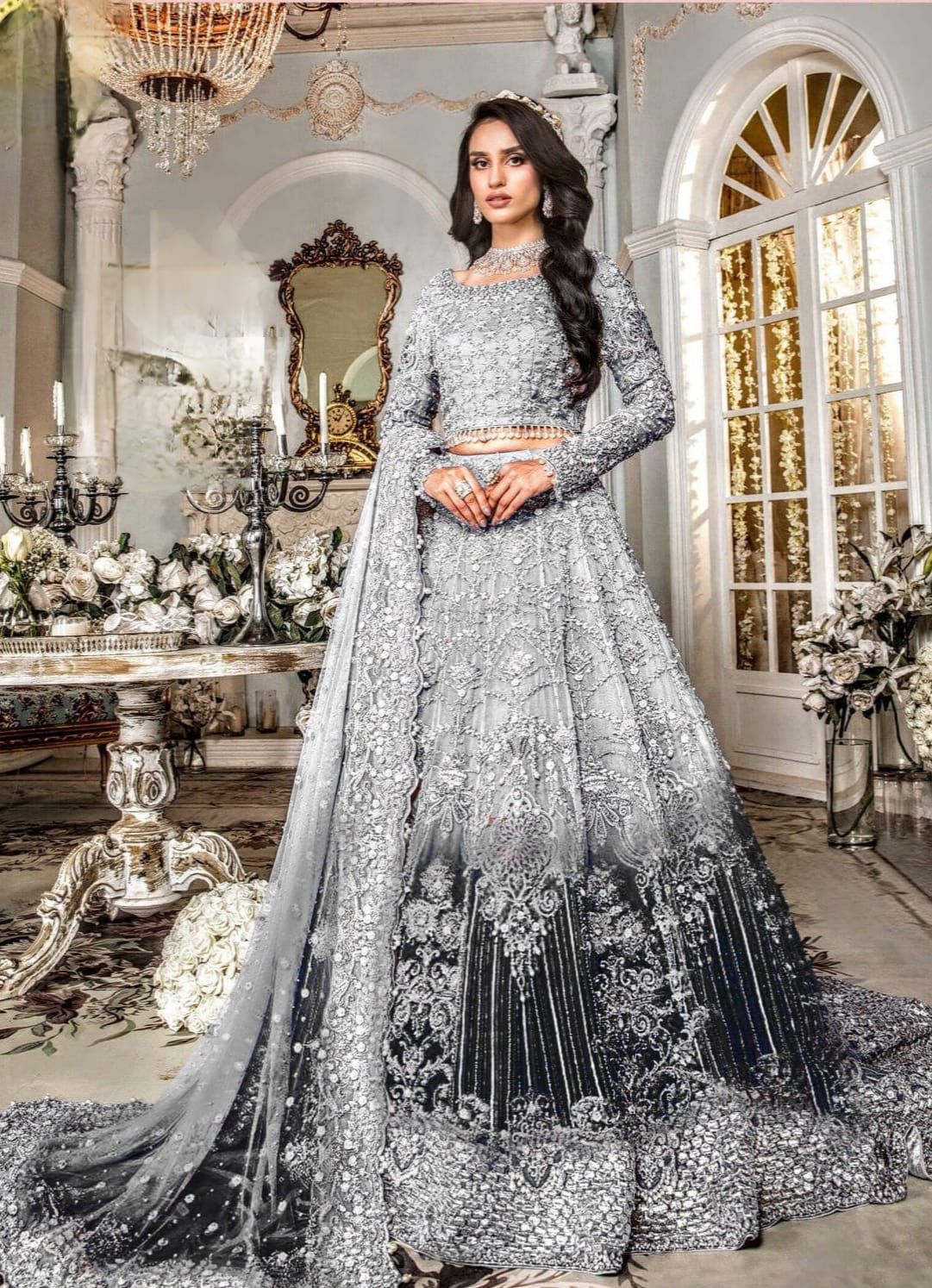 MARIA.B  Net Embroidered Sequence Hand Embellished Luxury Maxi Unstitced 3pc✓