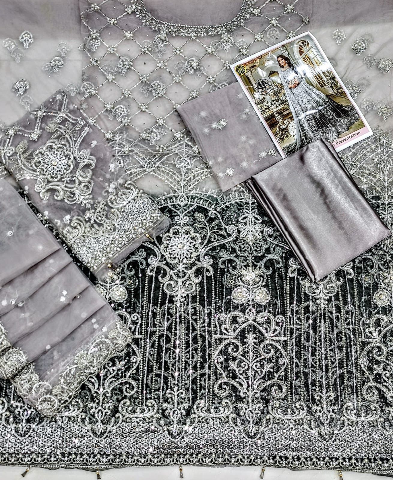 MARIA.B  Net Embroidered Sequence Hand Embellished Luxury Maxi Unstitced 3pc✓