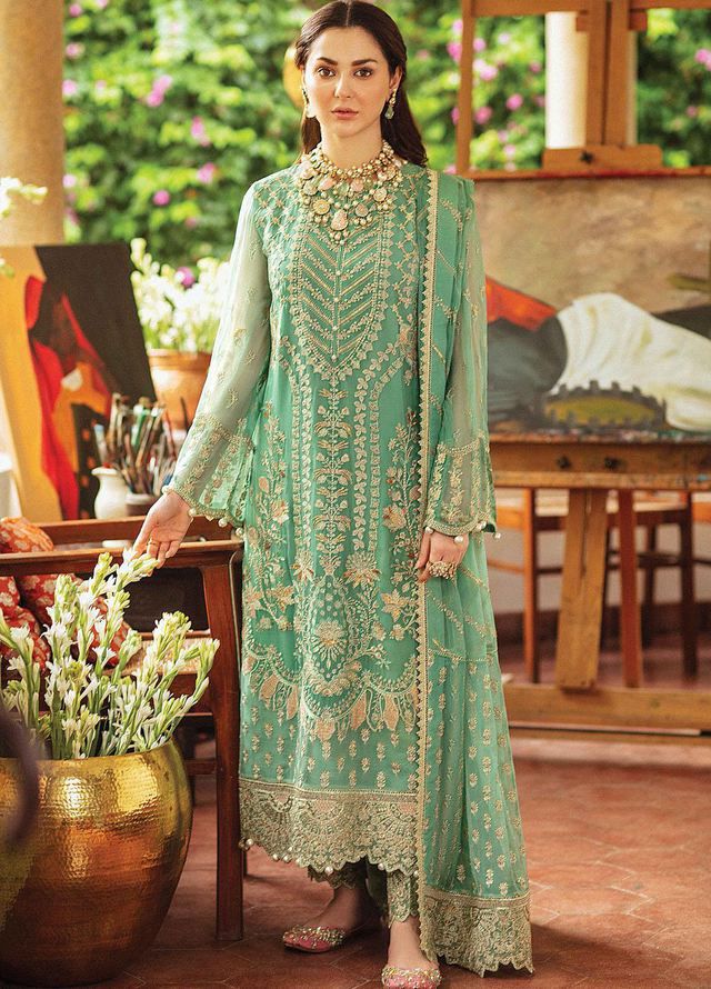 AFROZEH organza embroidered hand work embellished luxury unstitched 3pc✓