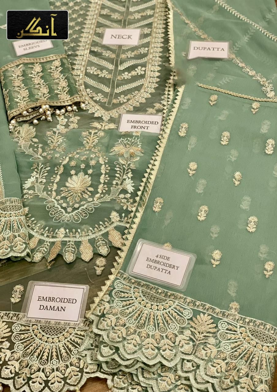 AFROZEH organza embroidered hand work embellished luxury unstitched 3pc✓