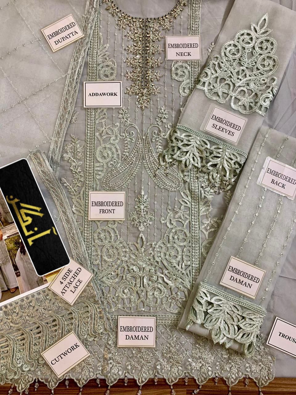 MARYAM'S Organza Embroidered Hand Embellished Luxury Unstitched 3pc✓